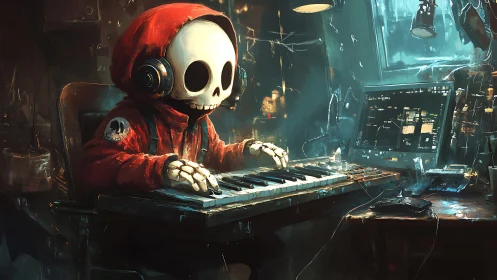 Skeletal figure at keyboard workstation in dim studio.
