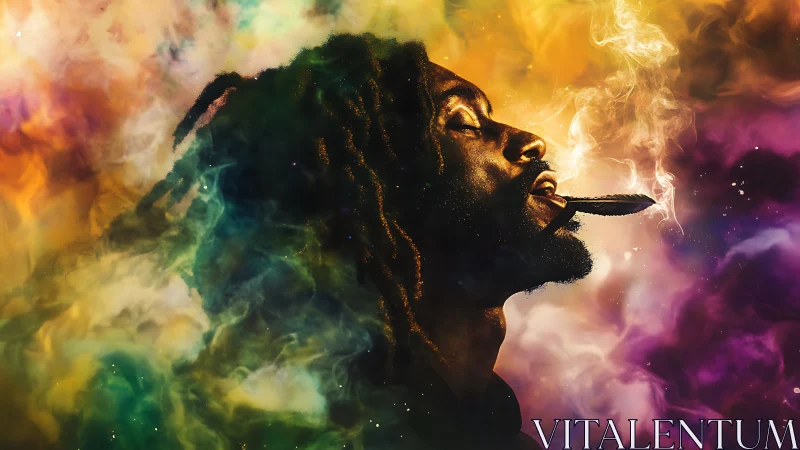 Profile portrait in colorful swirling smoke cloud.