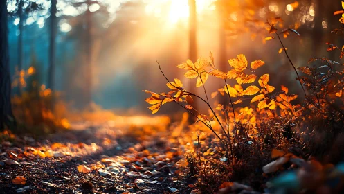 Golden autumn foliage glows in forest with strong backlighting