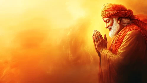 Devout elder in saffron robes rendered in luminous digital light