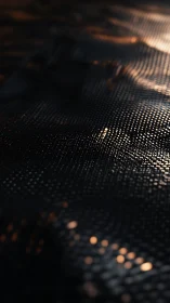 Closeup of dark metallic mesh with warm light highlights.