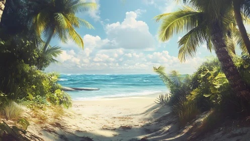 Tropical beach viewed through dense palm vegetation and sea access