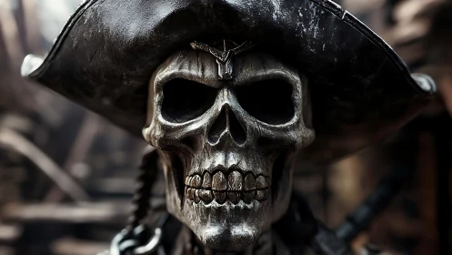 Weathered pirate skull portrait with tricorne hat close-up