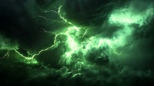 Emerald storm clouds split by electric green lightning arcs.