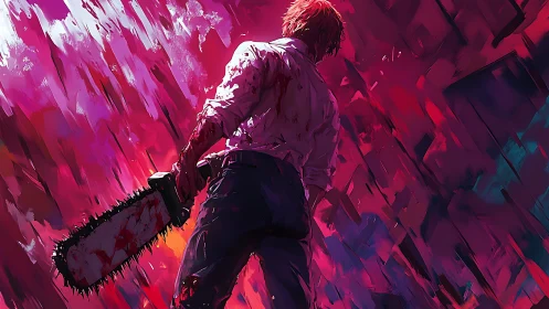 Dynamic digital painting of bloodied chainsaw antihero.