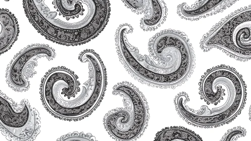 Intricate monochrome paisley motifs in swirling repeat pattern.