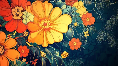 Luminescent Bloom: A Vibrant Floral Symphony on Midnight Canvas.