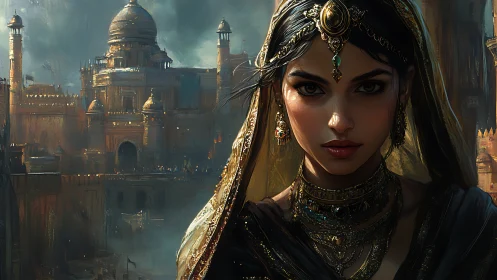 Regal woman in ornate jewelry before grand palace