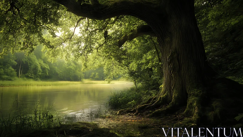 Majestic ancient tree by tranquil river in dreamy forest setting.