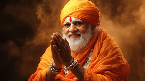 Photorealistic portrait of elderly guru in saffron drapery.