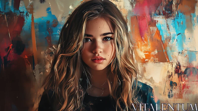 Moody portrait of young woman against abstract colors.