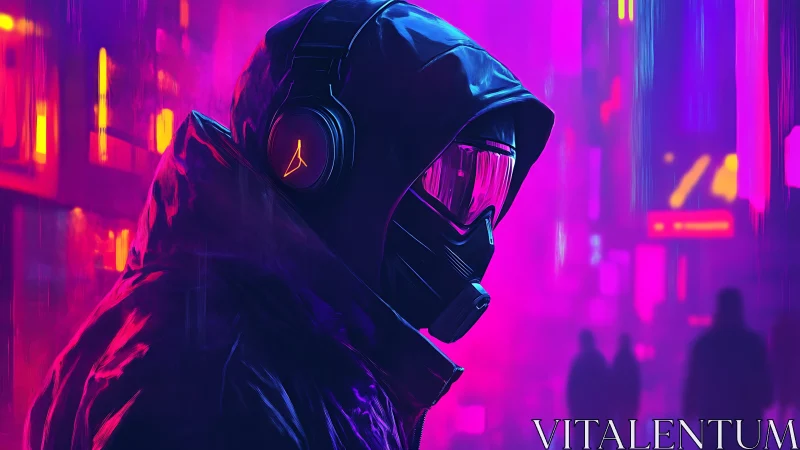 Neon hooded drifter stalks a cyber city of violet static.