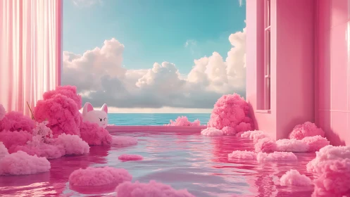 Surreal pink seaside terrace with cotton-candy poolscape.