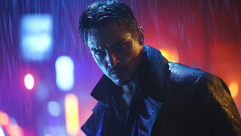 Male figure in rain with neon city lights at night.