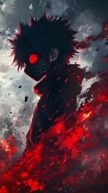 Masked figure stands in profile amid abstract red fragments