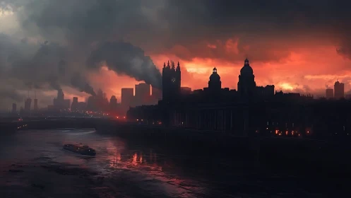 Apocalyptic industrial skyline glows against incendiary dusk