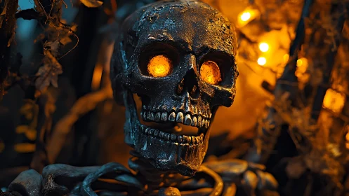 Photorealistic skeletal close-up with molten ember eye sockets.