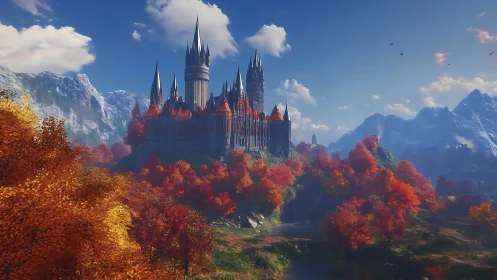 Gothic mountain citadel above vivid autumn valley landscape.