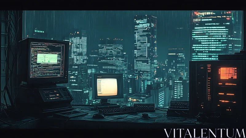Retro hacker workstation over neon rain-soaked skyline.