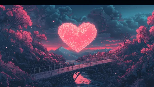Luminescent Heart-Form Above Bridge in Neon-Infused Landscape.