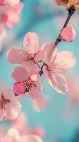 Pink Cherry Blossoms Dance Against Turquoise Sky.