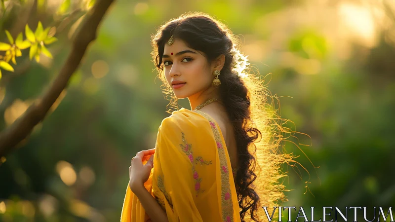 Woman in yellow saree stands outdoors in backlit greenery