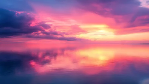 Pink and purple sunset sky mirrored on calm sea surface.