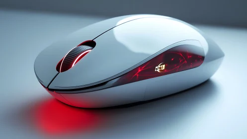 White Computer Mouse with Red LED Lighting.
