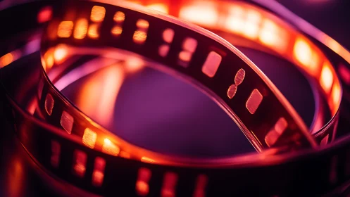 Cinematic film reel closeup with neon magenta and amber glow.
