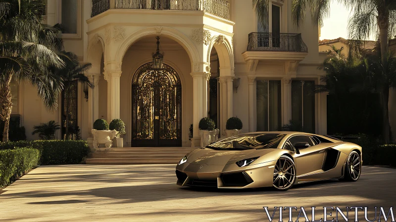 Luxury supercar gleams before ornate villa entrance at sunset.