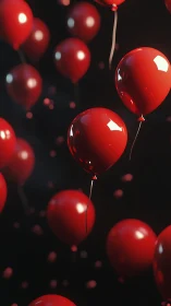 Luminous Red Balloons Suspended Against Black Void.