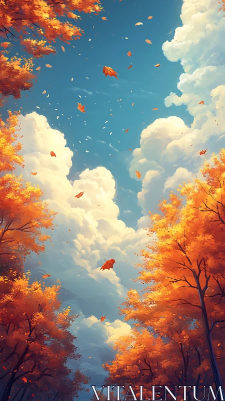 Copper leaves drift upward to greet the enormous autumn sky