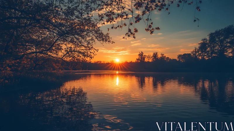 Sun sets over still lake framed by silhouetted shoreline trees