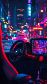 Neon drenched cockpit view of autonomous EV in rainy city night