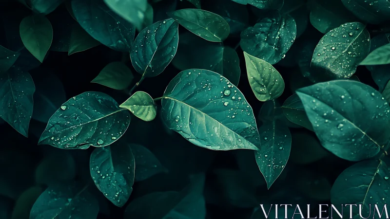 Rain-kissed emerald leaves whisper quietly in deep shade