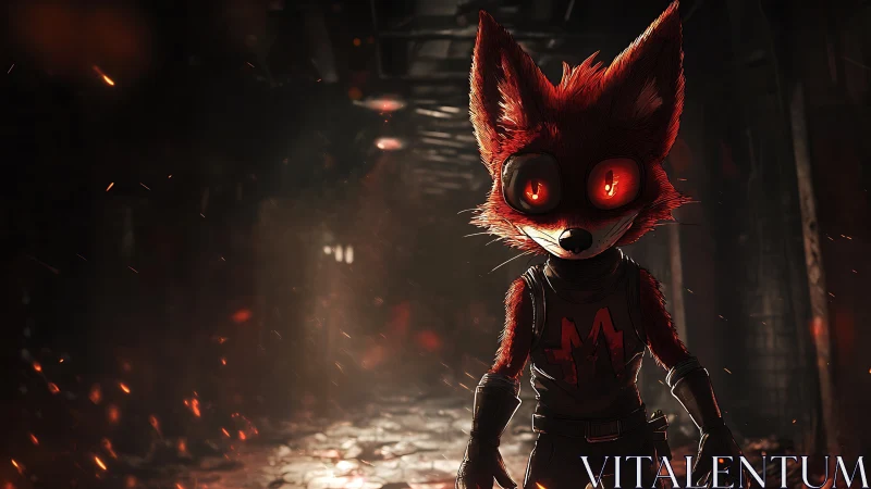 Anthropomorphic fox stands in burning corridor with embers