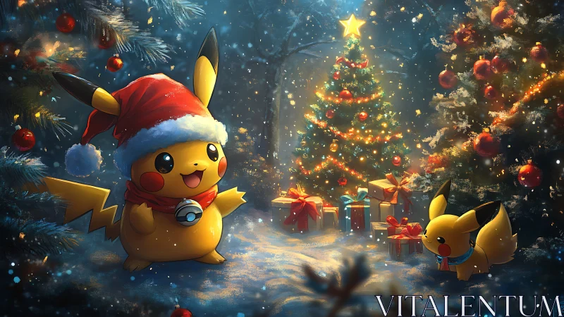 Festive Pikachu Christmas scene with glowing tree and gifts.