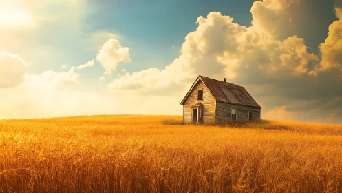 Golden wheat field cottage under a dreamy summer sky.