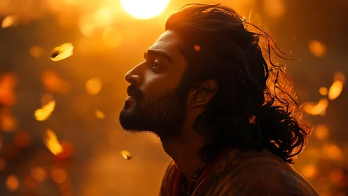 Profile portrait in warm sunset light with drifting leaves.