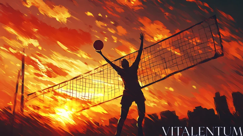 Sunset volleyball silhouette under blazing sky painting.