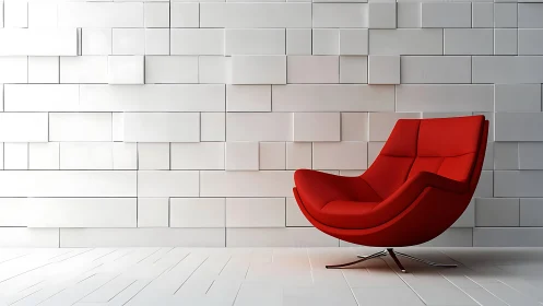 Red lounge chair contrasts sculpted white geometric wall