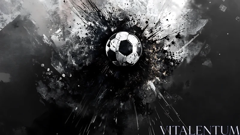 Monochrome soccer ball explodes through abstract ink storm.
