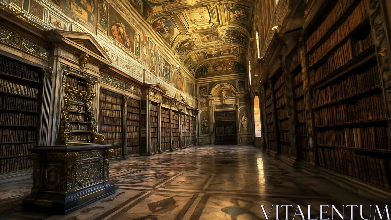 Grand baroque library interior glows with warm golden light