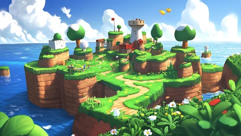 Floating Island Kingdom with Castle Tower and Lush Terrain.