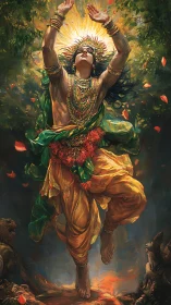 Joyful forest dancer lifts radiant face toward golden light