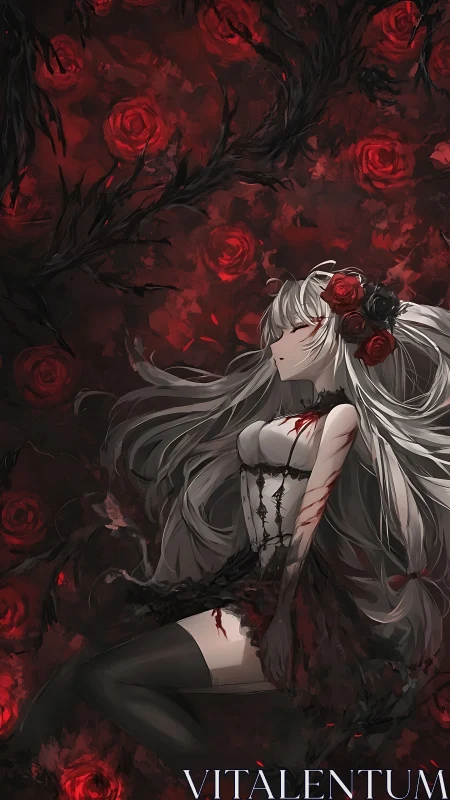Female figure lies among red roses and dark thorn vines