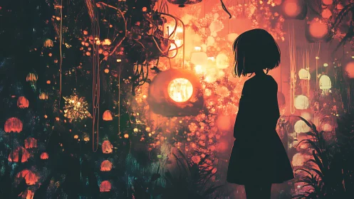 Silhouetted girl observes dense lantern field in high contrast lighting