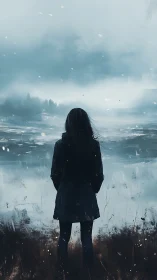 Solitary figure facing stormy winter landscape in blue tones.