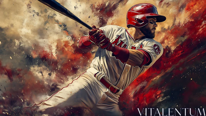 Baseball slugger swings through a blazing abstract backdrop.