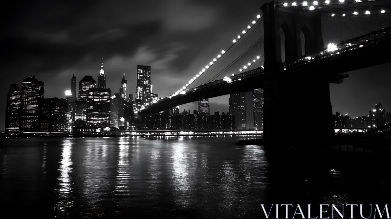 Moody black and white city skyline glows beneath bridge lights